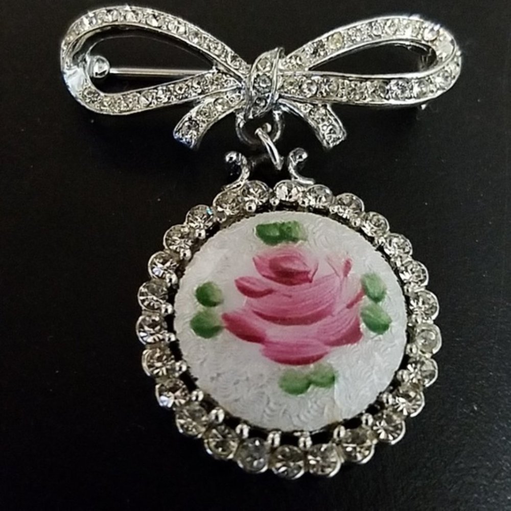 Vintage Guilloche Enamel & Rhinestone Bow Brooch